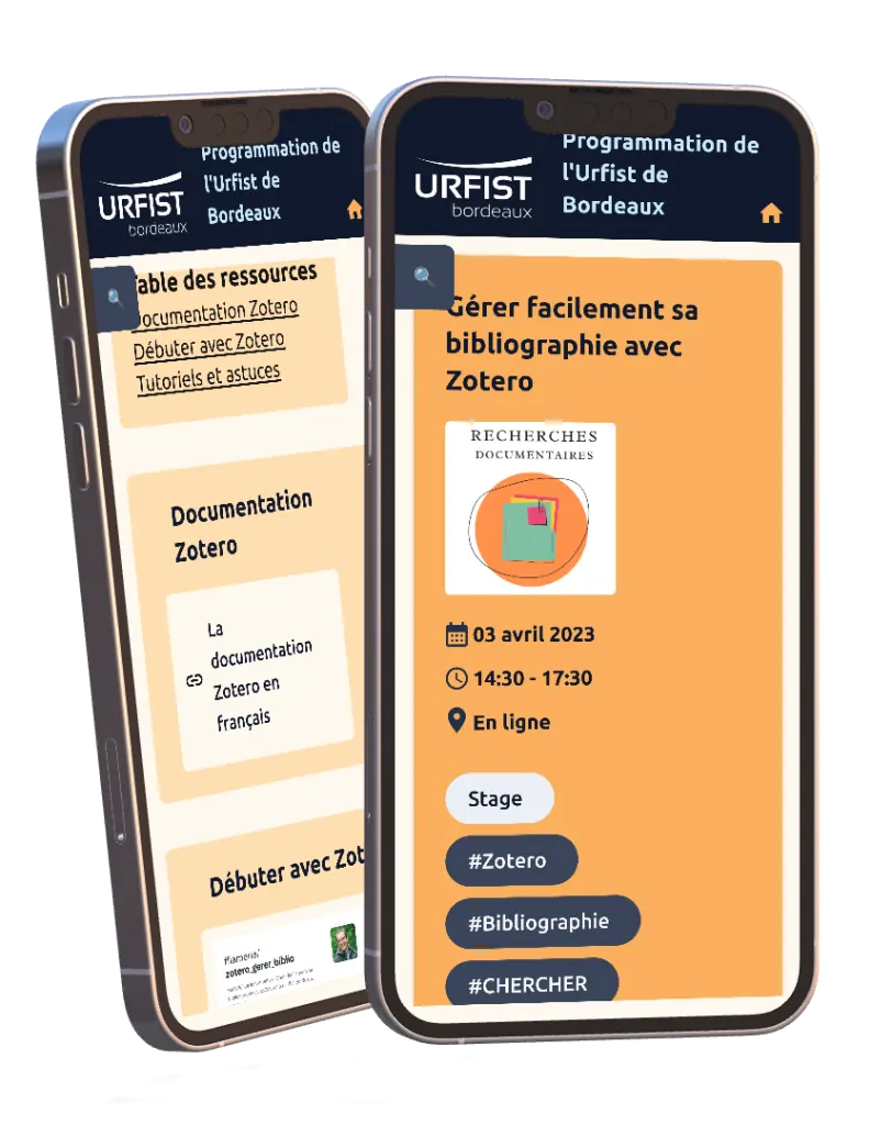 Deux smartphones affichant la page d'un événement Kronikle : date, horaires, lieu, mots-clés et table des ressources liées.